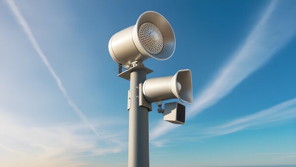 Bild vergr&ouml;&szlig;ern: Moderner Sirenenmast vor blauem Himmel