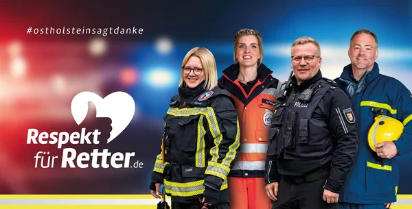 Bild vergr&ouml;&szlig;ern: Bild mit vier Einsatzkräften: Polizei, Feuerwehr, Rettungsdienst und Technisches Hilfswerk. Außerdem ist das Logo von Respekt für Retter zu sehen.